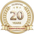20 years anniversary vector design golden background for celebration, congratulation and birthday card, logo Royalty Free Stock Photo